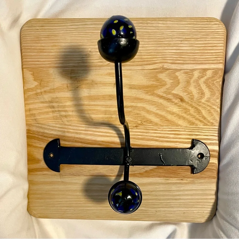 *EUC* Unique Cast Iron Double Wall Hook - (2) Cobalt Blue/Yellow Ceramic Balls
